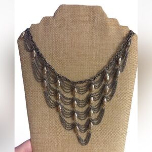 Vintage Victorian Silver Tone Faux Pearl Bib Necklace Draped Chain Gothic